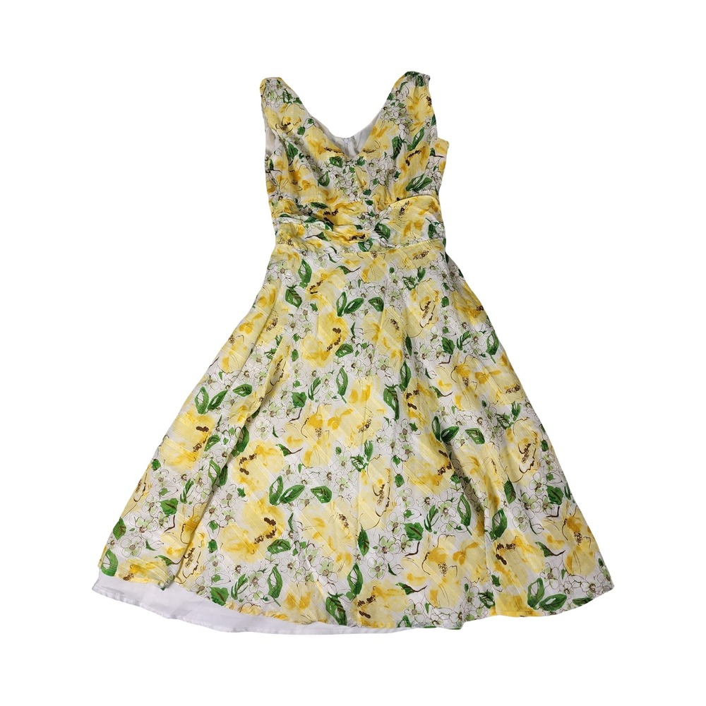 Vintage Robbie Bee Yellow Floral Cotton Fit & Flare Midi Dress Womens Size 4‎